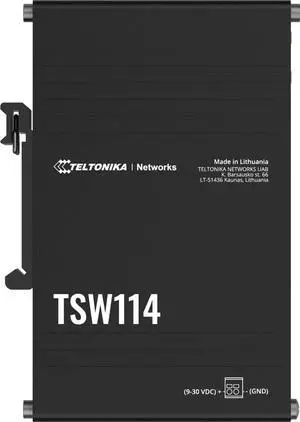 Teltonika TSW114000000 Model TSW114 DIN Rail Switch, Black; Integrated DIN Rail Bracket; 5X Ethernet Ports; Plug-N-Play; Aluminum Housing; Non-Blocking Bandwidth up to 10 Gbps; PSU Not Included