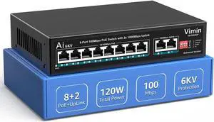 8 Port PoE Switch 100Mbps with 2 Gigabit Uplink, VIMIN 10-Port Unmanaged 10/100Mbps Fast Ethernet PoE Switch with 2 Ethernet Uplink, VLAN, Support IEEE802.3af/at