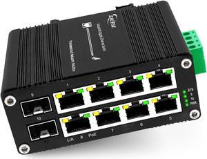 Industrial 8 Port PoE Ethernet Switch with 2 SFP Slot, Gigabit Networking Switch Supporting Din-Rail, 48~57VDC Power Input