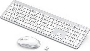 Rechargeable Wireless Keyboard Mouse Combo - Seenda Full Size Cordless Keyboard & Mouse Sets with Build-in Lithium Battery Ultra Thin Quiet Keyboard Mice - Silver and White