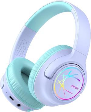 iClever Kids Bluetooth Headphones with LED Lights, BTH18 Safe Volume 74/85/94dBA, 43H Playtime, Bluetooth5.3 Kids Headphones Wireless Aux Cord for iPad/Tablet/Travel/School, Purple