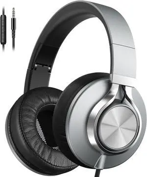 AILIHEN Headphones Wired with Microphone & Volume Control, Over-ear Foldable Noise Isolation Headsets 3.5mm for Teens Adult (Grey)