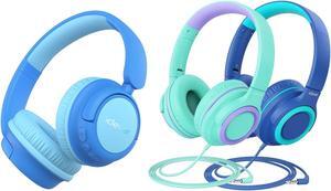 iClever HS22 & BTH22 Kids Headphones Bundles, Safe Volume, Adjustable Headband, Foldable Stereo Headphones for iPad/Tablet/Travel/School