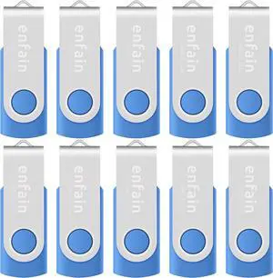 Enfain 16GB USB 2.0 Flash Drives Blue Memory Stick Swivel Thumb Drives 16 GB Jump Drives with LED Indicators 10 Pack, with 12 x White Labels for Marking Uploaded Content