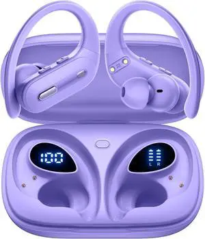 Wireless Earbuds V5.3 Bluetooth Headphones 90 Hrs Playtime Earbuds with Wireless Charging Case Power Display Over-ear Earphones with Earhooks Waterproof Stereo Headset for Android phone Workout Purple