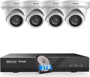 PANOOB 4K POE Security Camera System, 4PCS PoE Wired Turret 4K Cameras with Person Vehicle Detection,Wide Angle,Built-in Micphone, 4K/8MP 8 Channel NVR with 2TB HDD, 100Ft IR Night Vision,PD0408-4K