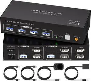 SPSWHD 8K@60Hz HDMI Dual Monitor kvm Switch 2 Monitors 2 Computers 4K@120Hz USB 3.0 Extended Display KVM switcher with 4 USB Ports Wired Controller 12V DC Adapter 2 USB Cables Included