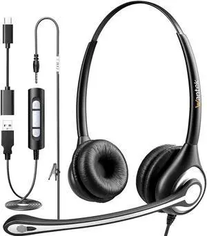 Wantek USB Headset with Mic for PC, On-Ear Computer Laptop Headphones with Noise Cancelling Microphone in-line Control for Home Office Online Class Skype Zoom