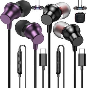 2 Pack USB C Headphones Wired Earbuds for iPhone 15 Pro 15 Pro Max Samsung S23 Ultra S23 FE Google Pixel Magnetic inEar Noise Canceling Type C Earphone Microphone Volume Control Black and Purple