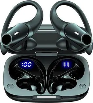 AGKG123 T59 Bluetooth Headphones Wireless Earbuds 72hrs Playtime Wireless Charging Case Digital Display Sports Ear Buds with Earhook Premium Deep Bass IPX7 Waterproof in-Ear Earphones Black