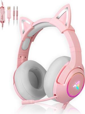 Aimzone Cat Ear Gaming Headset with Noise Cancelling Over Ear Headphones with Microphone, Soft Memory Padded Earmuffs, RGB, 7.1 Surround Bass and Sound, Wired Headset with Mic, Phone, Laptop, PC(Pink)