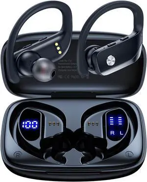 bmanl Wireless Earbuds Bluetooth Headphones 48hrs Play Back Sport Earphones with LED Display Over-Ear Buds with Earhooks Built-in Mic Headset for Workout Black