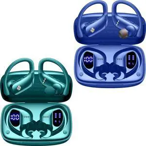 bmani 2 Sets Wireless Earbuds Bluetooth Headphones 48hrs Play Back Sport Earphones with LED Display Over-Ear Buds with Earhooks Built-in Mic Headset for Workout Green+Blue