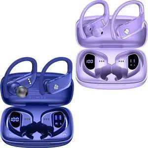 bmani 2 Sets Wireless Earbuds Bluetooth Headphones 48hrs Play Back Sport Earphones with LED Display Over-Ear Buds with Earhooks Built-in Mic Headset for Workout Blue+Purple