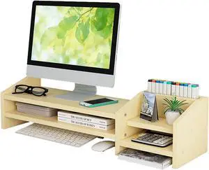 Catekro Monitor Stand Riser, 2 Tiers Wood Monitor Riser Stand with Storage Organizer, Multi-Purpose Desktop Organizer Riser for Computer,Laptop,Printer(White Maple Wood)