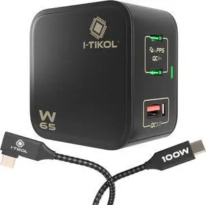 I-TIKOL 65W USB C Charger Block 3 Port - Foldable GaN Fast Charger with Cable Type C - PD 3.0 PPS QC 4+ Wall Charger Adapter for MacBook Air/Pro, Dell XPS, iPad Pro, iPhone 14/Pro/Max, A1901-04