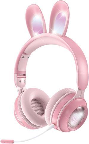 Kids Wireless Bluetooth Headphones with Microphone, Children Cute Cat Ear Girl Headphones for School, Pink Kindergarten Light up Kawaii Noise Cancelling Headphones for Kids Teens Child Airplane