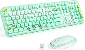 KNOWSQT Wireless Keyboard and Mouse Combo - Lovely Green Rainbow 2.4G Full-Sized Colorful Keyboards, Round Keycap USB Dongle Plug Play Cute Keyboards for Windows, Laptop, PC, Desktop, Mac