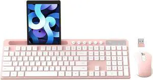 Wireless Keyboard and Mouse Combo, MARVO 2.4G Ergonomic Wireless Computer Keyboard with Phone Tablet Holder, Silent Mouse with 6 Button, Compatible with MacBook, Windows (Pink)