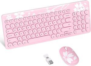 Mytrix Sakura Wireless Keyboard and Mouse Combo, Cute Pink Retro Typewriter Round Keys, 2.4G USB & Typc-C Receiver Slim Keyboard Mouse Set with Numeric Keypad for Computer, Laptop, Desktops, PC, Mac
