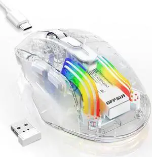 OFFSIR Wireless Gaming Mouse, Tri-Mode 2.4G/USB-C/Bluetooth Mouse, Rechargeable Computer Mice with 5 DPI Levels, 6 Buttons, 11 RGB Lights, Ergonomic Mouse for Laptop PC Mac-Transparent BM-530