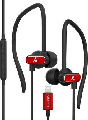 ADPROTECH Lightning Headphones iPhone Earbuds with Ear-hook Sports Earphones for iPhone 14 13 12 11 Pro Max iPhone X XS Max XR MFi Certified with Mic Red