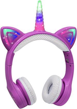 YUSONIC Unicorn Kids Headphones, Unicorn Bluetooth headphones Foldable for Girls Boys Toddlers Tablet School Travel,Light Up kids wireless headphone Birthday Gifts (dark purple)