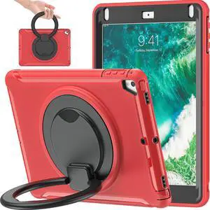 BATYUE Case for iPad 6th Generation 9.7 inch 2018, iPad 5th Gen 2017, iPad Air 2/ iPad Pro 9.7'',Shockproof Protective Cover with Pencil Holder &Rotating Kickstand,for Kids,Boys,Girls, Red