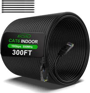 300FT Cat6 Ethernet Cable, Cat 6 Patch Cable, Cat6 Internet Cable, UTP Network Cable, Indoor and Outdoor, PoE, 24AWG CCA, Compatible for PC, Laptop, Router, Switch, Server, with 25 Cable Ties - Black