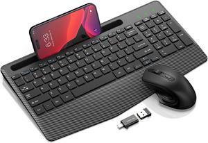 Wireless Keyboard and Mouse Combo, Ergonomic Keyboard with Wrist Rest, Phone Holder, Sleep Mode, 2.4G Lag-Free Rechargeable Compact Silent Cordless Keyboard Mouse for Windows, Mac, Laptop, PC (Black)