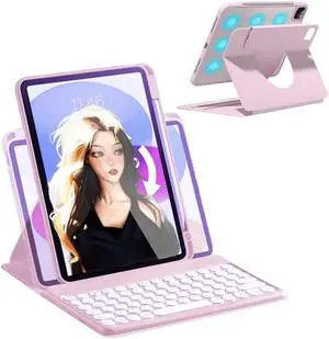 AnMengXinLing Keyboard Case for iPad Air 11 inch 2025(M3)/2024(M2)/Air 5/Air 4, Vertical Case for iPad Pro 11 with Keyboard and Pencil Holder, Magnetic Rotating Detachable Clear Back (Pink)