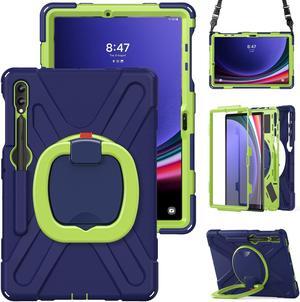 360 Rotation Case for Samsung Galaxy Tab S9+ 12.4'' 2023/S8+ /S7+/S7 FE,with Shoulder Strap S Pen Holder Rotatable Kickstand/Handle Rugged Silicone Case (Navy Blue+Green)