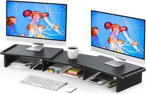 Zimilar Dual Monitor Stand Riser, Monitor Stand with Adjustable Length and Angle, Wood Monitor stand for desk, Monitor Riser for 2 monitors with Storage Space (Black Large)