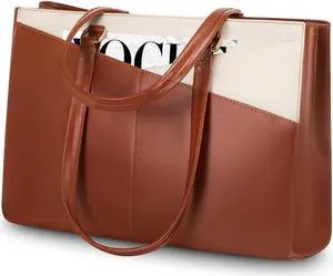 LOVEVOOK Laptop Bag for Women 15.6 Inch Tote Bags Waterproof Leather Briefcase Computer Women Business Office Work Bag,Brown-White