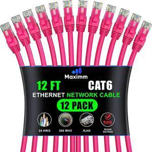Maximm Cat 6 Ethernet Cable 12 ft (12-Pack) - High-Speed LAN Cable, Internet Cable, Patch Cable, and Network Cable - UTP, 10Gbps, 550MHz Ethernet Cord - Pink