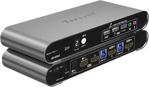 Terived 2 Computers 1 HDMI Monitor Automatic KVM Switch 8K@60Hz, Hotkey Switching, EDID, Support 5.1/7.1 Audio and Microphone, Aluminum Shell with Digital Display, USB 3.0 Hub, HDR10 with Cables