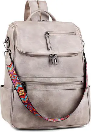 FADEON Laptop Backpack for Women Leather Travel Backpack with Laptop Compartment, Designer PU Shoulder Laptop Bag Grey