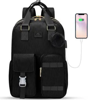 MATEIN Cute Laptop Backpack for Women, 15.6 Inch Corduroy Computer College Backpack with USB Charging Port, TSA Lightweight Aesthetic Back Pack Travel Laptop Daypack for Work Nurse Teacher Gift, Black