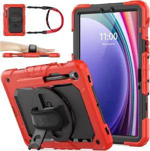 SEYMAC stock Case for Samsung Galaxy Tab S10 FE / S9 / S9 FE 5G Tablet Case Protective with Screen Protector, Pencil Holder, 360 Rotate Stand, Hand Strap, Shoulder Strap, Red