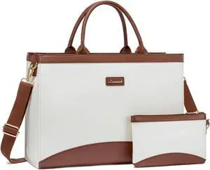 LOVEVOOK Laptop Tote Bag for Women 15.6 Inch Large Capacity Work Bag with Clutch Purse for Teacher, Canvas Computer Bag for Business fits Office College Travel White & Brown