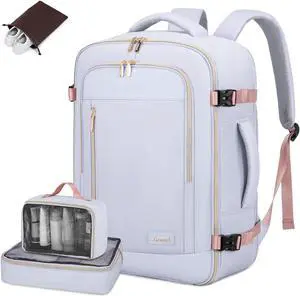 LOVEVOOK Travel Backpack for Women & Men, 45L Carry On Backpack, Personal Item Bag with 3 Packing Cubes, Business Weekender Overnight Luggage Daypack, Fits 18 Inch Laptop, Grey Purple