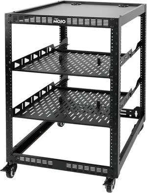 TECMOJO 16U Open Frame Network Rack for IT &AV Gear, AV Rack 4-Post with casters, Mobile 16U Rack with 2 PCS 1U Server Rack Shelf & Mounting Hardware, for 19" Network,Audio and Video Device