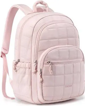 BAGSMART College Laptop Backpack, Travel Laptop Backpack for Women, Quilted Casual Daypack, Water-Resistant Bookbag for 15.6 Inch Laptop, Pink