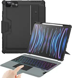 Nillkin Keyboard Case for iPad Air 13-inch (M3 2025/M2 2024), iPad Pro 12.9-inch (6th/5th/4th/3rd Gen) Rugged Case with Detachable Keyboard, Magic Trackpad, 7-Color Backlit, Portrait/Landscape, Black