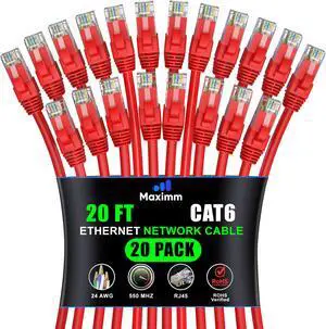Maximm Cat 6 Ethernet Cable 20 ft (20-Pack) - High-Speed LAN Cable, Internet Cable, Patch Cable, and Network Cable - UTP, 10Gbps, 550MHz Ethernet Cord - Red