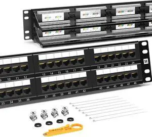 AMPCOM Premium Series CAT5/5e 48 Ports Patch Panel, Rack Mount - 2U, 19 inch, RJ45 Ethernet 568A 568B, 30u Gold Plated, with Rear Cable Support Bar