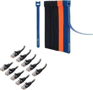 Cable Matters 10Gbps 10-Pack Snagless Short Cat 6 Ethernet Cable 7 ft (Cat 6 Cable, Internet Cable) in Black & 100-Pack 8-inch Hook-and-Loop Reusable Wire Ties/Cable Ties with 42 lbs Tensile Strength