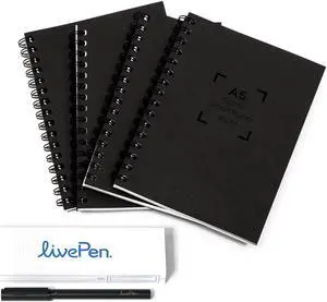 Livescribe LivePen Starter Set | Sync Real Ink and Paper Notes to Phone, Web, Tablet, Desktop, Laptop | Record Audio Synced to Notes | Includes Smart Pen and A5 Journal Notebooks (4-Pack) | APNX-70103