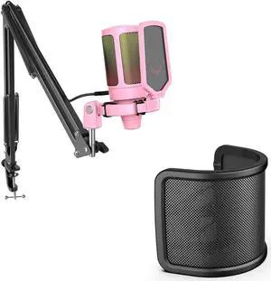 FIFINE Gaming USB Microphone Kit, PC Streaming Computer RGB Microphone Set with Pop Filter and Quick Mute (A6TP+U1)