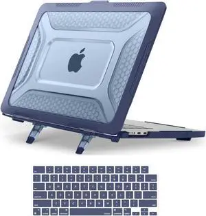 MOSISO Compatible with MacBook Air 15 inch Case 2025 2024 2023 M4 A3241 M3 A3114 M2 A2941, Honeycomb Shockproof Heavy Duty TPU Bumper Plastic Hard Case with Fold Kickstand&Keyboard Cover, Navy Blue